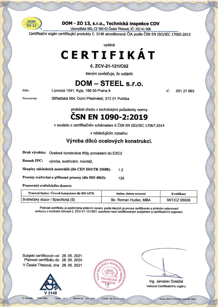 DOM-STEEL certifikát Výroba